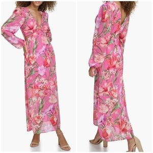 Siena Pink Floral Print V Neck Long Sleeve Empire Waist Maxi Cutout Dress Sz 14